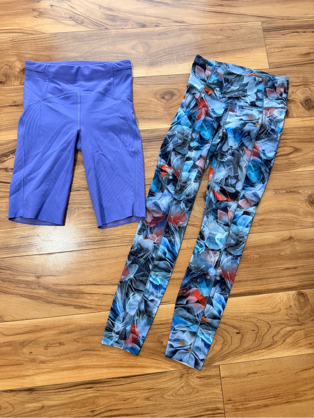 Lululemon 2  bike Shorts and Blue Floral-Print Leggings 2